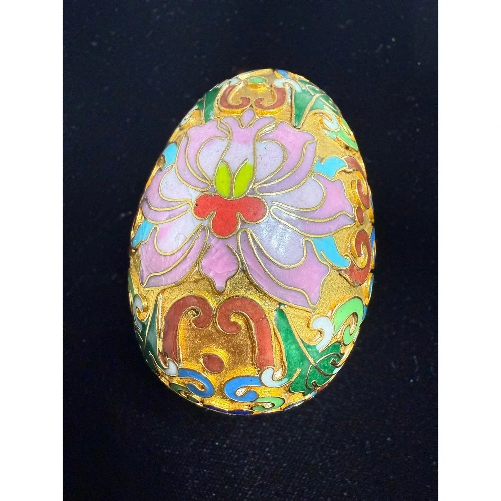 Vintage Cloisonne Enamel Floral Egg‎ Figurine Gold Tone Handcrafted Decor 2.5in